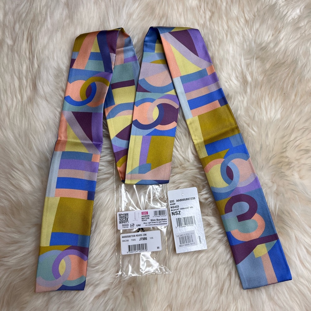 NEW 22C Chanel Bandeau Blue, Light Green, Light Yellow Silk 100% Silk